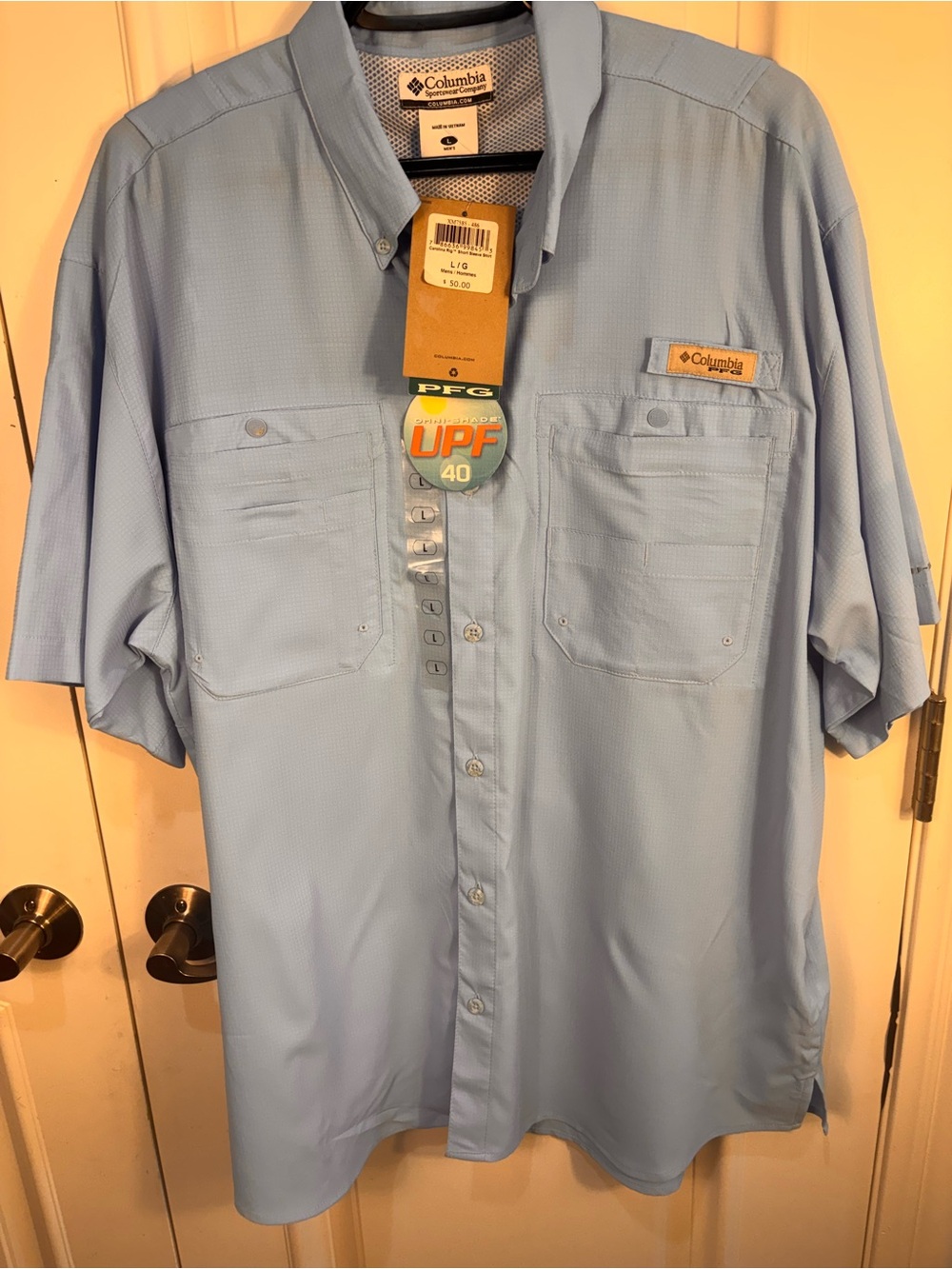 Columbia PFG Carolina Rig Fishing Shirt Men’s L Blue Button-Up UPF 40 Pockets